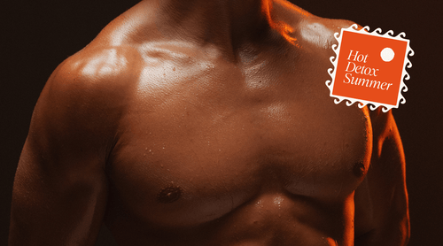 Muscular torso with a 'Hot Detox Summer' label on a dark background