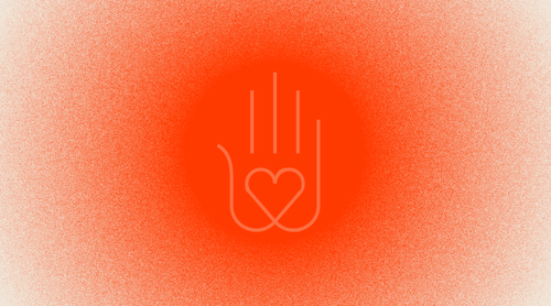 Healing & Recovery icon of hand with heart inside it in front of circular red light gradient