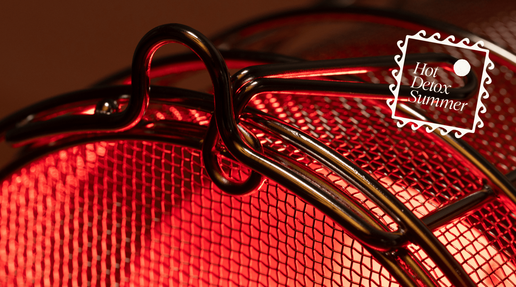 Close up of SaunaSpace FireLight Stainless Steel Bulb Guard on a dark background, featuring 'Hot Detox Summer' logo.
