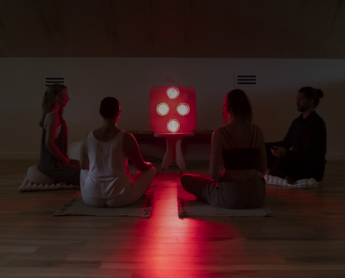 People sitting in meditation in front of Hearth Infrared Sauna Panel on Pedestal