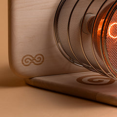 SaunaSpace Glow Infrared Therapy Light - Up-close details showing the SaunaSpace Logo engravings on Basswood.