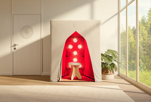 A beige SaunaSpace FireLight Infrared Sauna with six red therapy lights and a stool is set up in a bright room with a plant near the window and a closed door on the left, offering an EMF Shield for safety.