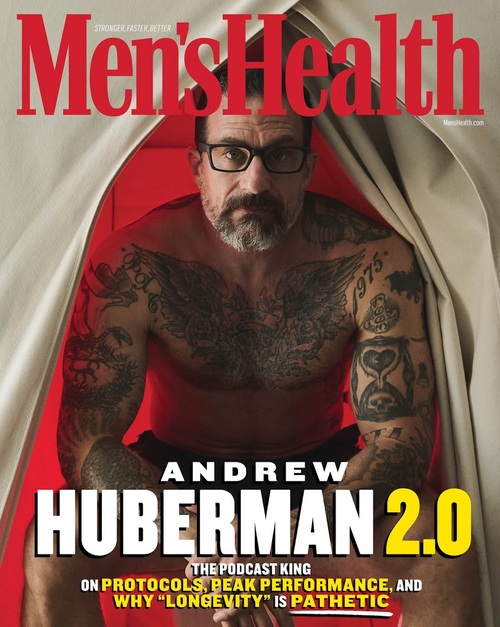 Men's Health magazine cover featuring Andrew Huberman inside his SaunaSpace FireLight Infrared Sauna, with large red and white title text and the headline 'Andrew Huberman 2.0'.