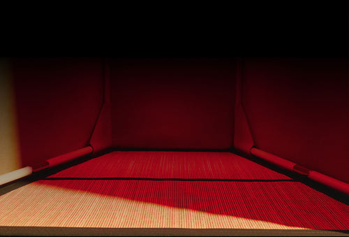 Lights on interior of FireLight Infrared Sauna showing bamboo grounding mat lining floor of sauna.