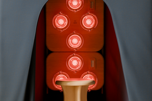 Close-up of FireLight Infrared SuperSauna with entrance curtain open and lights on with sauna stool inside, showing Indigo color Cover option