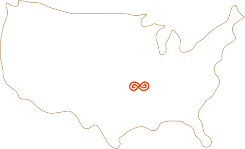 Outline of USA with SaunaSpace headquarters marked with logo