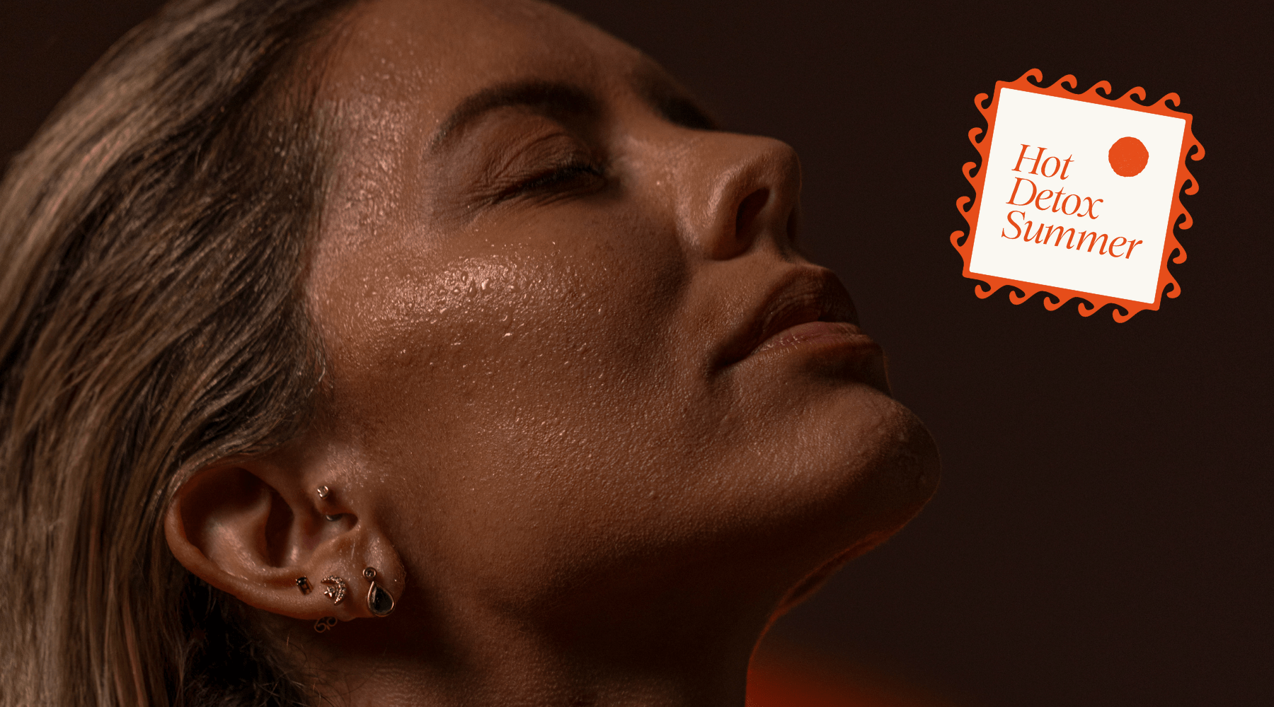 Close-up of a woman's sweating face with a 'Hot Detox Summer' label on a dark background