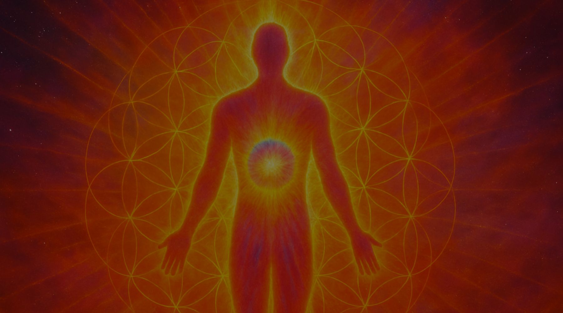 Silhouette of a human figure with a radiant energy field on a red and orange background with geometric patterns.