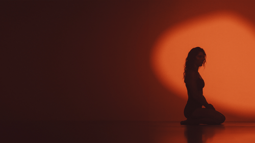 Silhouette of a woman kneeling against an orange background