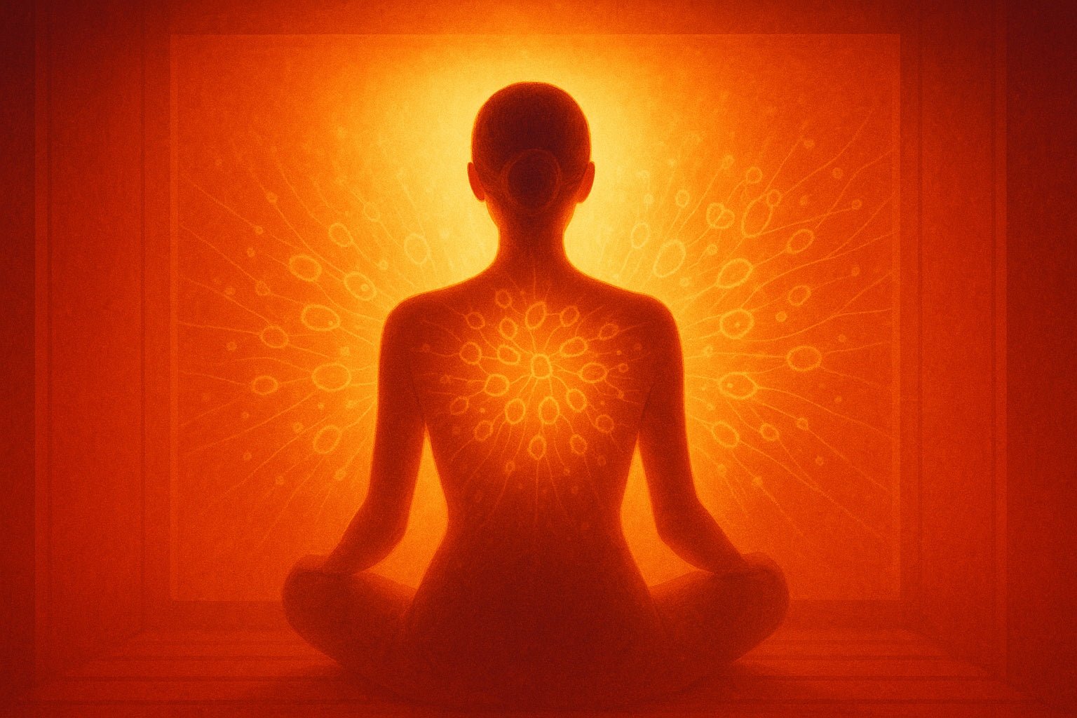 A woman sits facing away, bathed in a warm red-orange glow. Subtle, golden cellular patterns radiate outward from her back, suggesting healing, adaptation, and the body’s innate intelligence awakening through gentle heat and light.