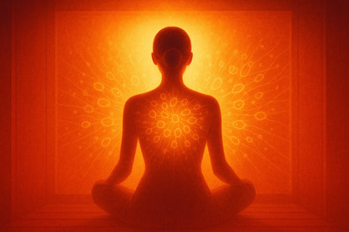 A woman sits facing away, bathed in a warm red-orange glow. Subtle, golden cellular patterns radiate outward from her back, suggesting healing, adaptation, and the body’s innate intelligence awakening through gentle heat and light.