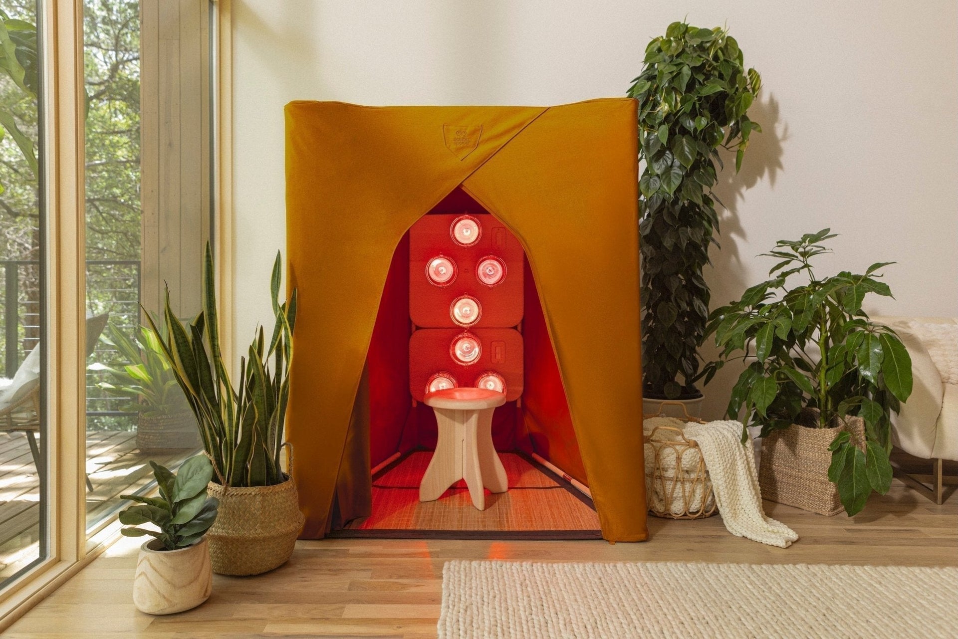 Turmeric-dyed sauna cover in golden ayurvastra fabric