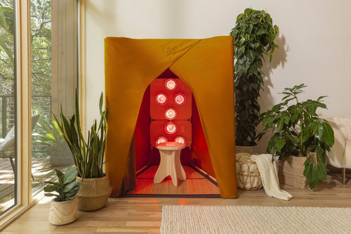 Turmeric-dyed sauna cover in golden ayurvastra fabric