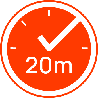 A red circular icon with clock outline, checkmark, and the text '20m', indicating a 20 minute sauna session length.