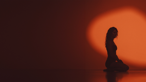 Silhouette of a woman kneeling against an orange background