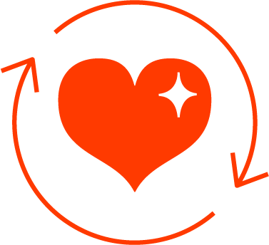 A red icon of a heart with a sparkle inside, surrounded by a circular arrow.