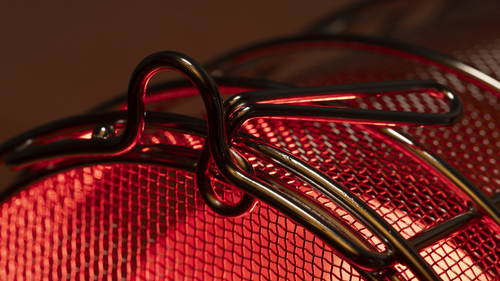 Close up of FireLight Bulb Stainless Steel Guard that is used on SaunaSpace light panels, with bulb on inside