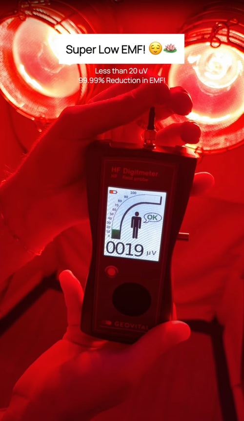 EMF meter reading low EMF levels microvoltage of cellular, Bluetooth, and Wi-Fi RF inside of FireLight Infrared Sauna with SilverLining with lights on.