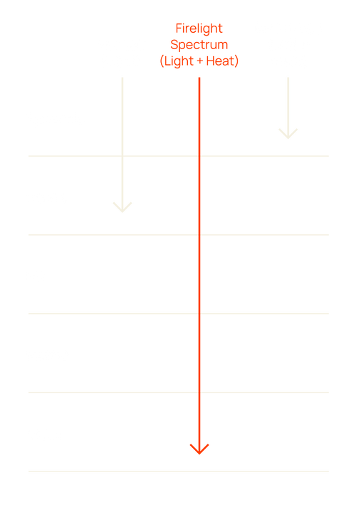 Tissue penetration comparison graph of red LED vs  near infrared FireLight vs far infrared emitter