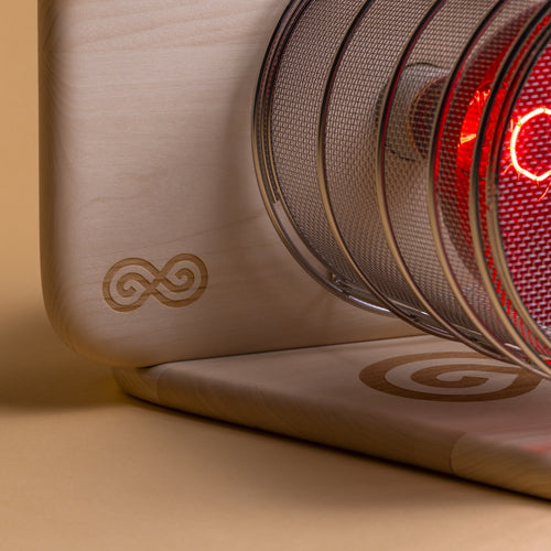 SaunaSpace Glow Infrared Therapy Light - close up of engraving
