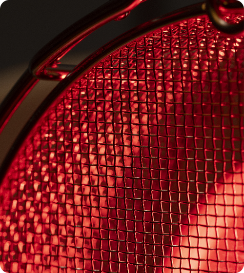 Close-up of stainless steel bulb guard on SaunaSpace light panels with FireLight bulb on